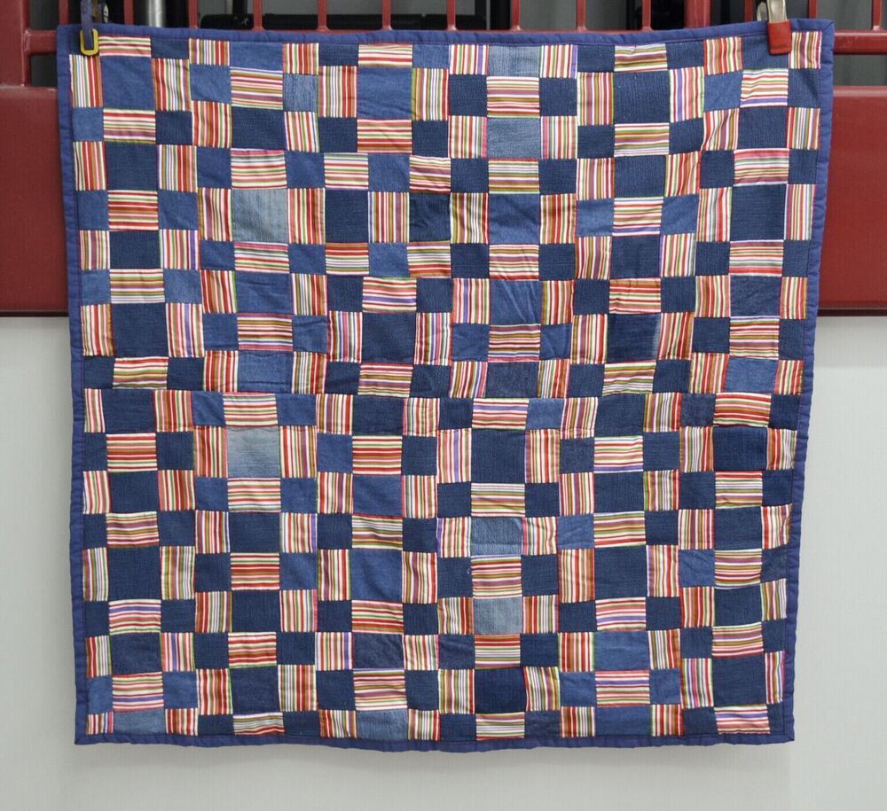 Vintage Handmade Red and Blue With Striped Backing 45X46 Inch Lap or Small Quilt